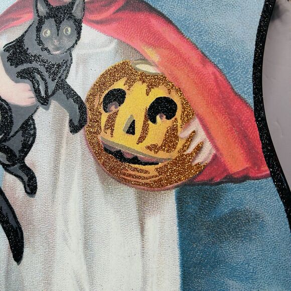 Designs By Kathy Halloween 1920s Style Witch Sign Decor Black Cat Glitter 11X17" - Picture 3 of 9